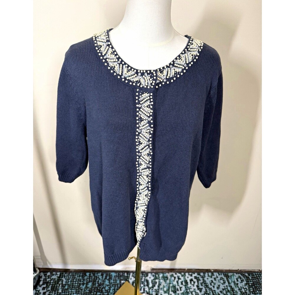 Isaac Mizrahi Live! Womens Cardigan Sweater M Navy Knit Beaded 3/4 Sleeve 395